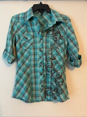 FANG Plaid Button-Up Shirt in Teal and Brown with bedazzle!